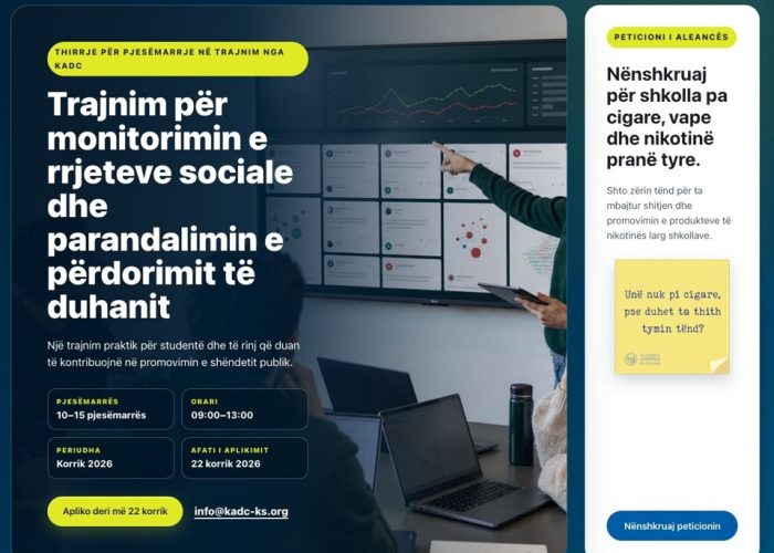 KADC hap thirrjen për trajnim mbi monitorimin e rrjeteve sociale dhe parandalimin e përdorimit të duhanit