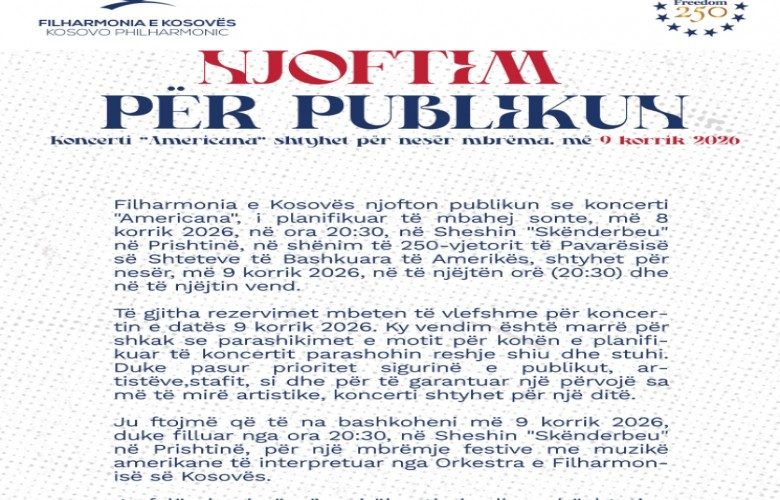 Shtyhet për nesër koncerti “Americana” i Filarmonisë së Kosovës